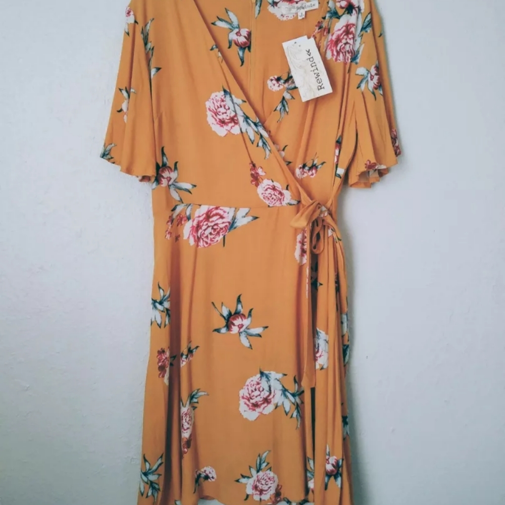 Mustard yellow floral surplice dress
